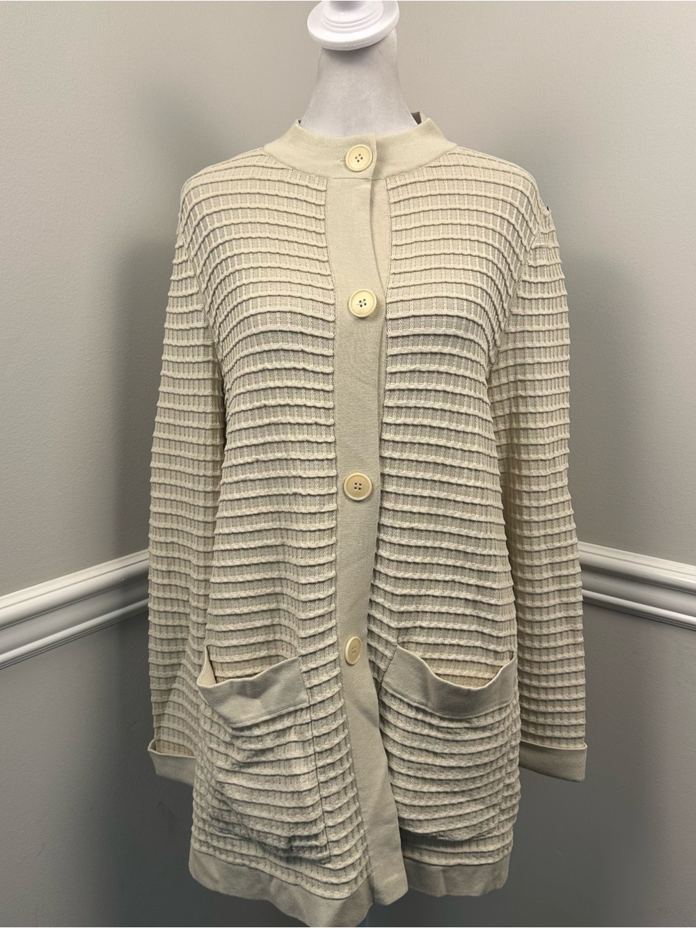 Lafayette 148 New York Cream Ribbed textured Button-Front Cardigan M